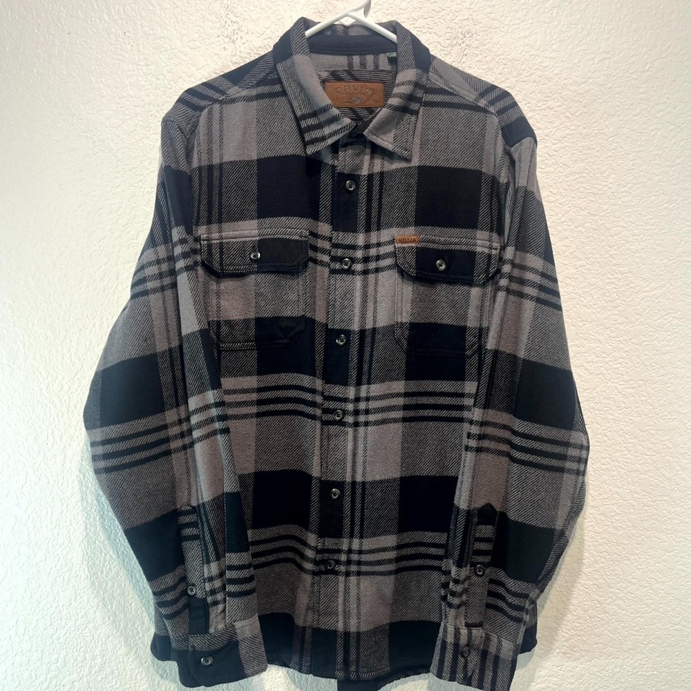 Orvis Shacket Mens Large Gray Black Gingham Plaid Cotton Flannel Logo Pleated